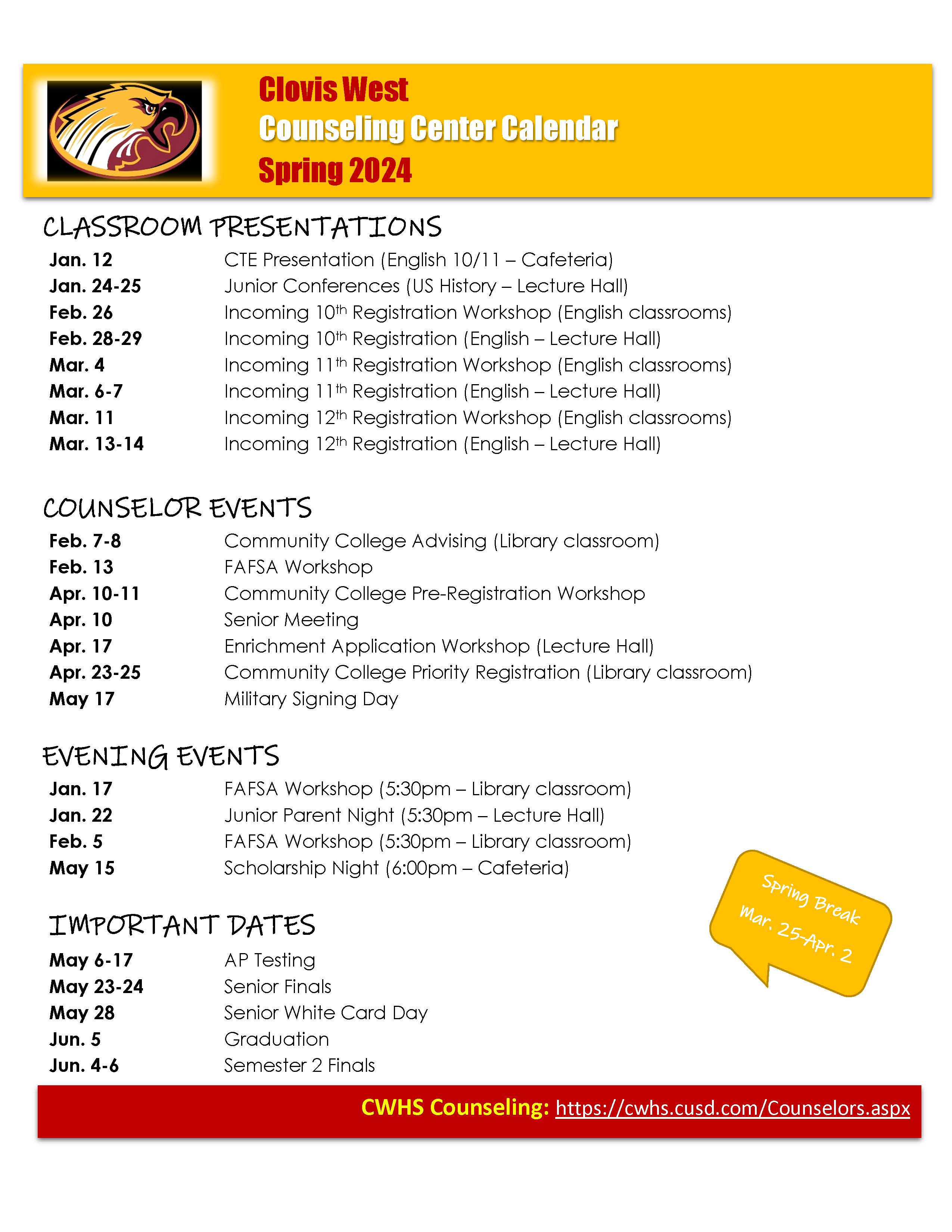 Spring 24 Counseling Calendar